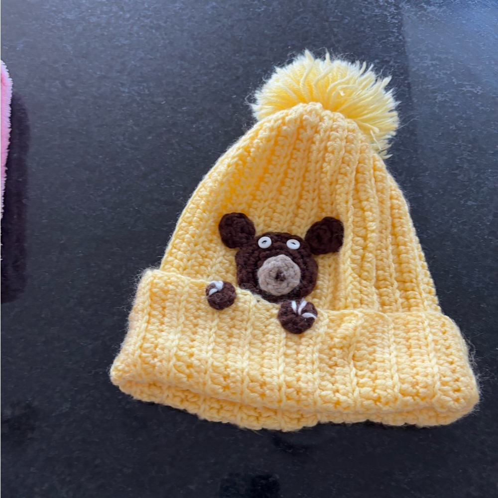 Yellow Knit Beanie with Bear Design